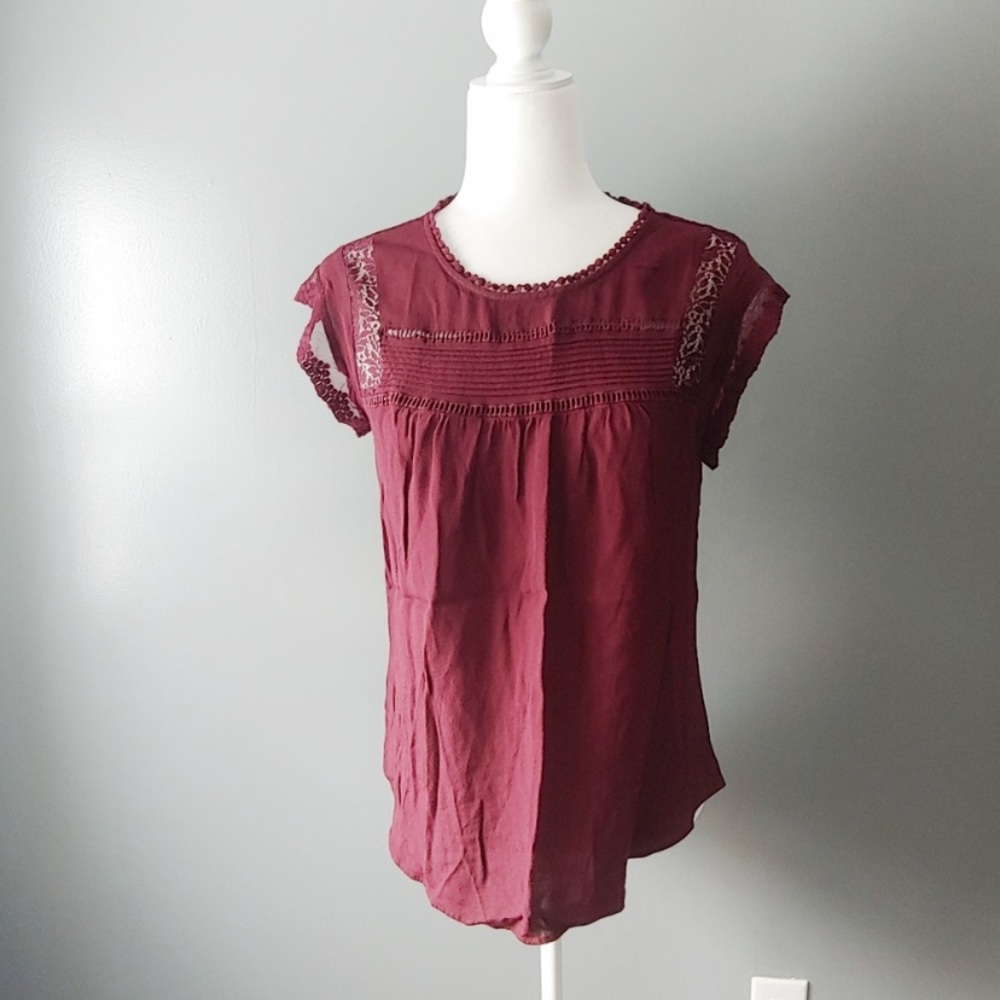 Daniel Rainn Burgandy Blouse with Crochet Detail